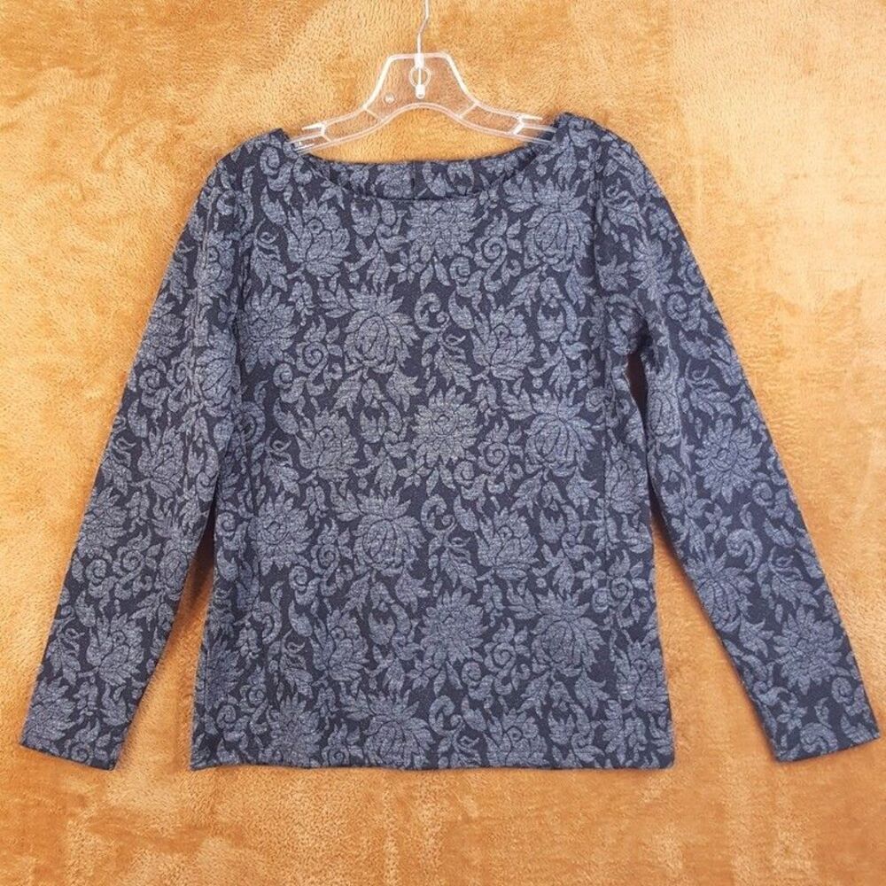TALBOTS Top Womens Small Grey Floral Pullover Brocade Button Back Stretch Knit